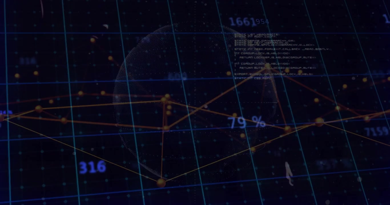 At outset grid emerging, network graph connecting golden nodes and numbers visualizing data trends