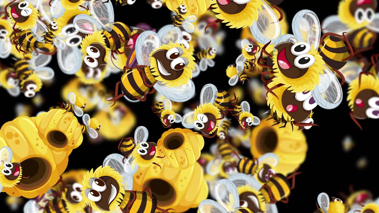 노란색 벌집 주위를 날아다니는 애니메이션 벌