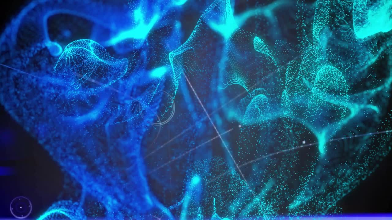 No início, esfera azul se dissolvendo em partículas, feixe varrendo brilho, gráficos HUD visualizando dados.