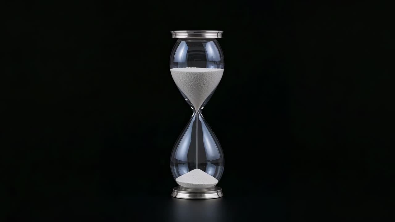 Transparent hourglass releasing sand under gravity on black tabletop, showing time passing