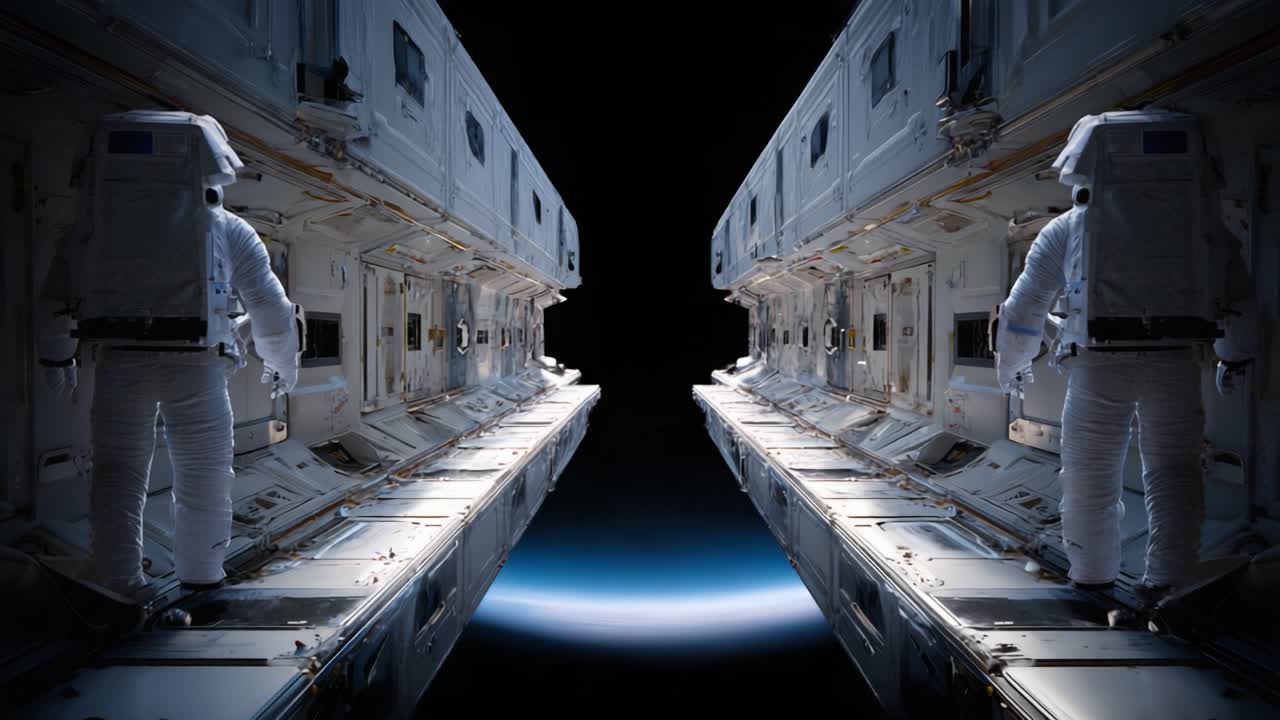 Astronauts in Space: Two Figures Stand on a Futuristic Platform, Gazing into the Infinite Blackness of the Universe Above Earth’s Curve Below Them