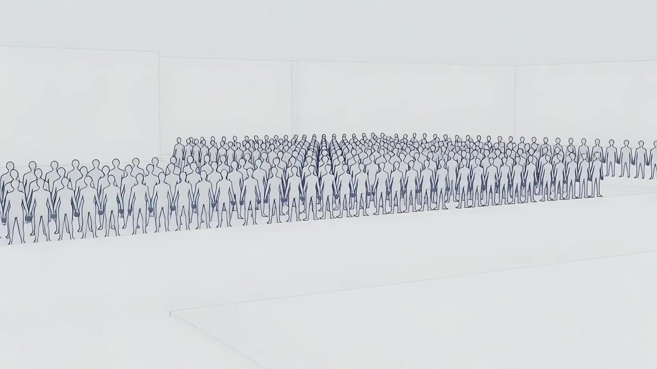 カメラがパンしながら、滑らかな床に描かれた線画の人物像がびっしりと並んだ格子状の模様の全貌を明らかにしている。