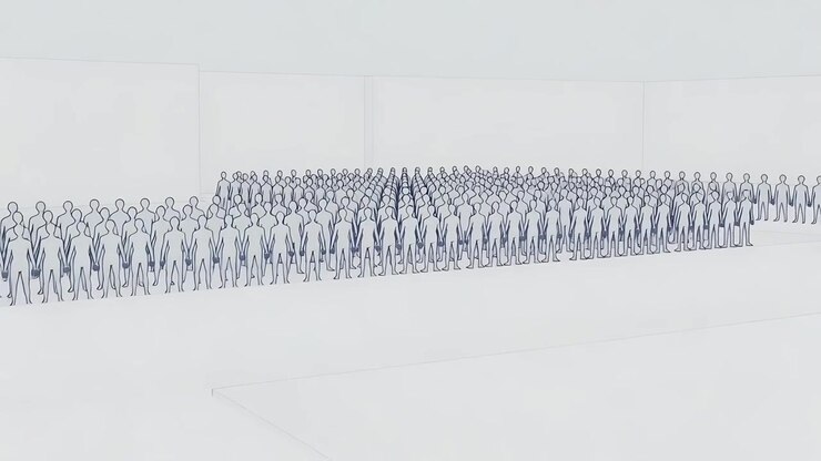 Panning camera revealing full extent of dense grid of line-drawn figures on smooth floor