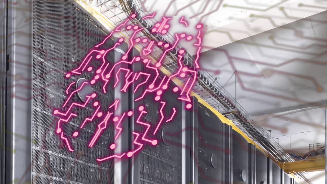 인간 뇌의 애니메이션, 회로판과 서버를 통해 연결 및 데이터 처리