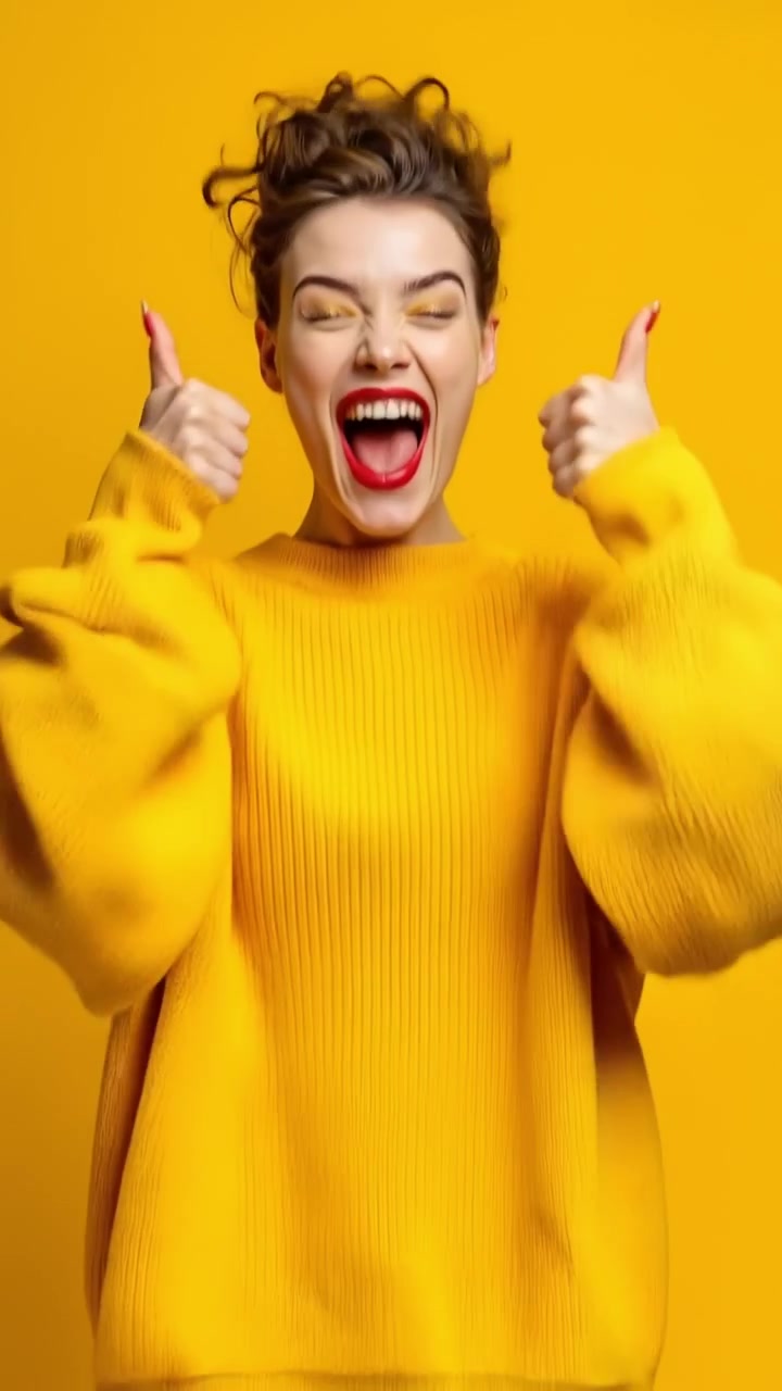 Giovane donna entusiasta con un maglione giallo che fa il gesto del pollice in su su uno sfondo giallo.