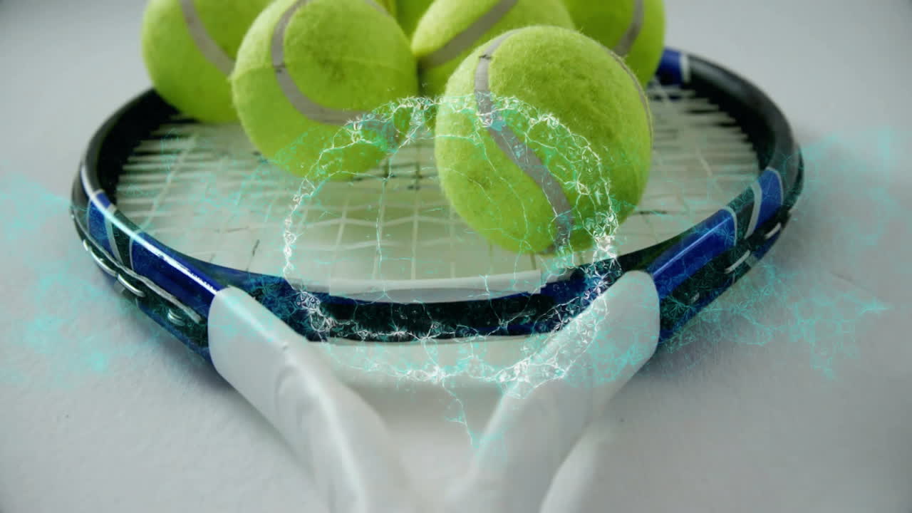 Tennis balls on racket with glowing energy circle animation over strings
