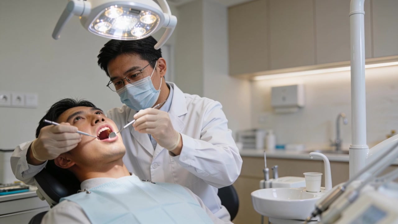 Nha sĩ đeo khẩu trang đang kiểm tra, khám răng cho bệnh nhân đang mở miệng tại phòng khám, sử dụng gương nha khoa và cây thăm khám.
