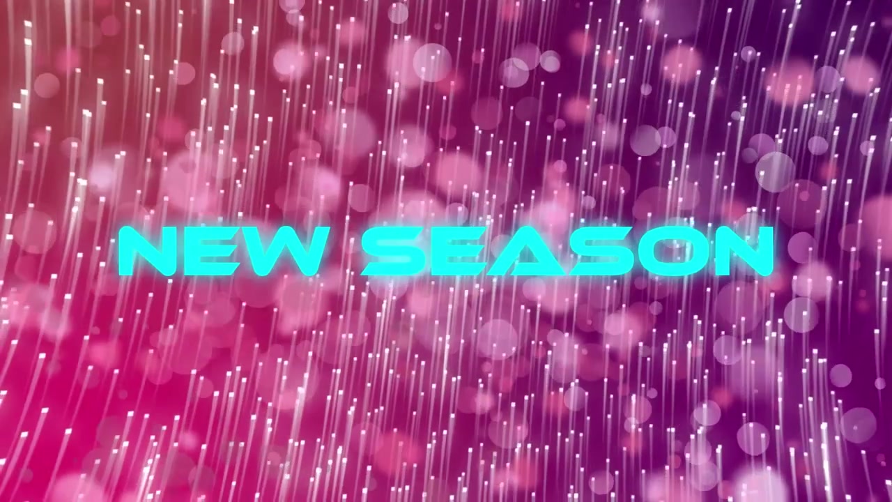 Animation d'une bannière de texte néon 'nouvelle saison' sur fond de traînées lumineuses en rotation et de points lumineux