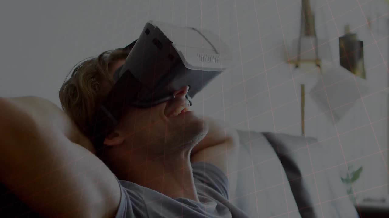 Animation of mathematical drawings and equations over man wearing vr headset