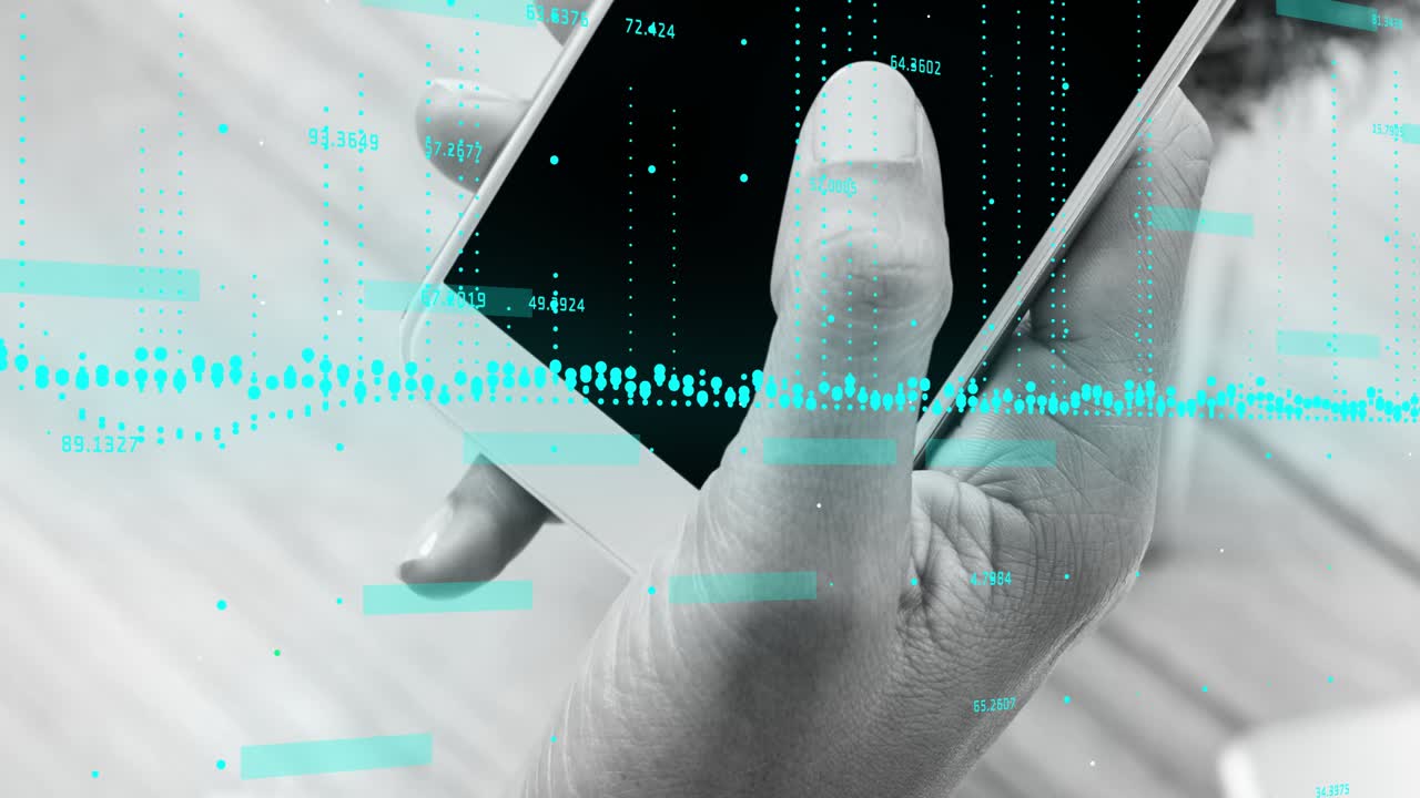 Hand lifting smartphone initiating teal data overlay fading and updating real-time data monitoring