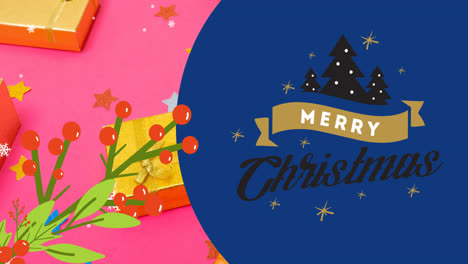 animation of merry christmas text over snow falling and presents