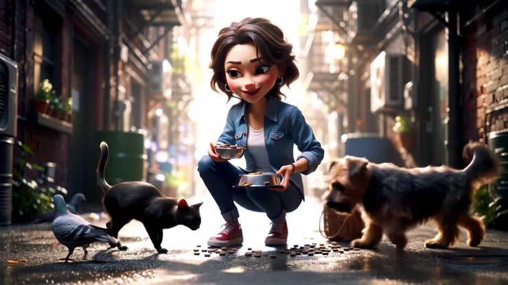 A Kind-hearted Person Serving Food to Stray Animals in an Urban Alley, Surrounded by Birds, Cats, and Dogs, Embodying Compassion and Care for Vulnerable Creatures