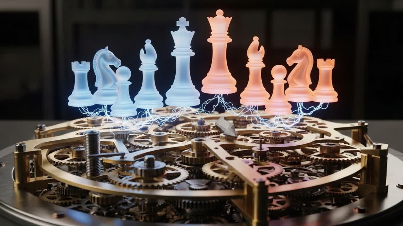 An Engaging Depiction of an Intense Chess Match with Energetic Animated Pieces Set Against a Mechanically Intricate Background Representing Strategic Moves