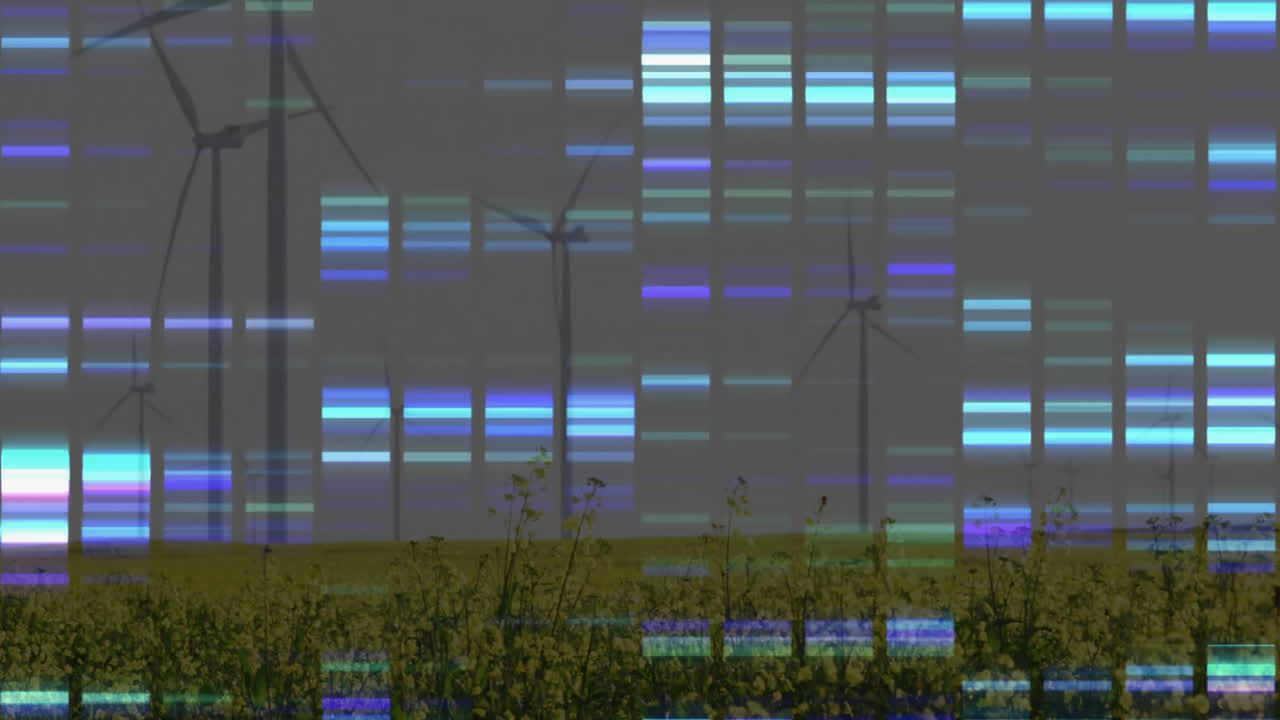 Wind turbines rotating over yellow flowering field, glitch art overlay creating blue cyan grid