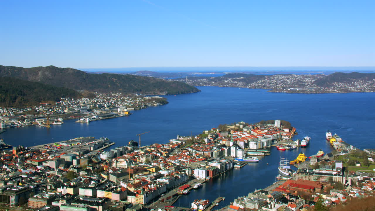 wide shot looking over the port area of the city of Bergen. Filmed from Fløyen Panorama