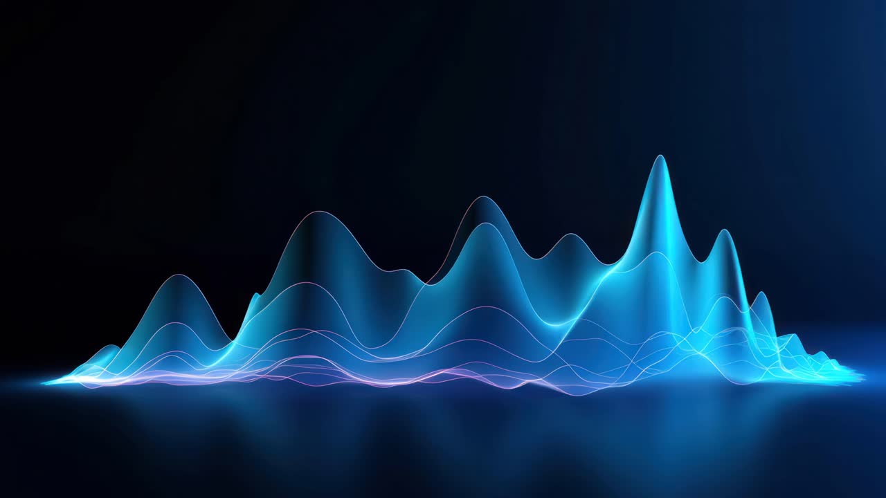 Abstract 3D waveform in neon blue and purple on a dark background