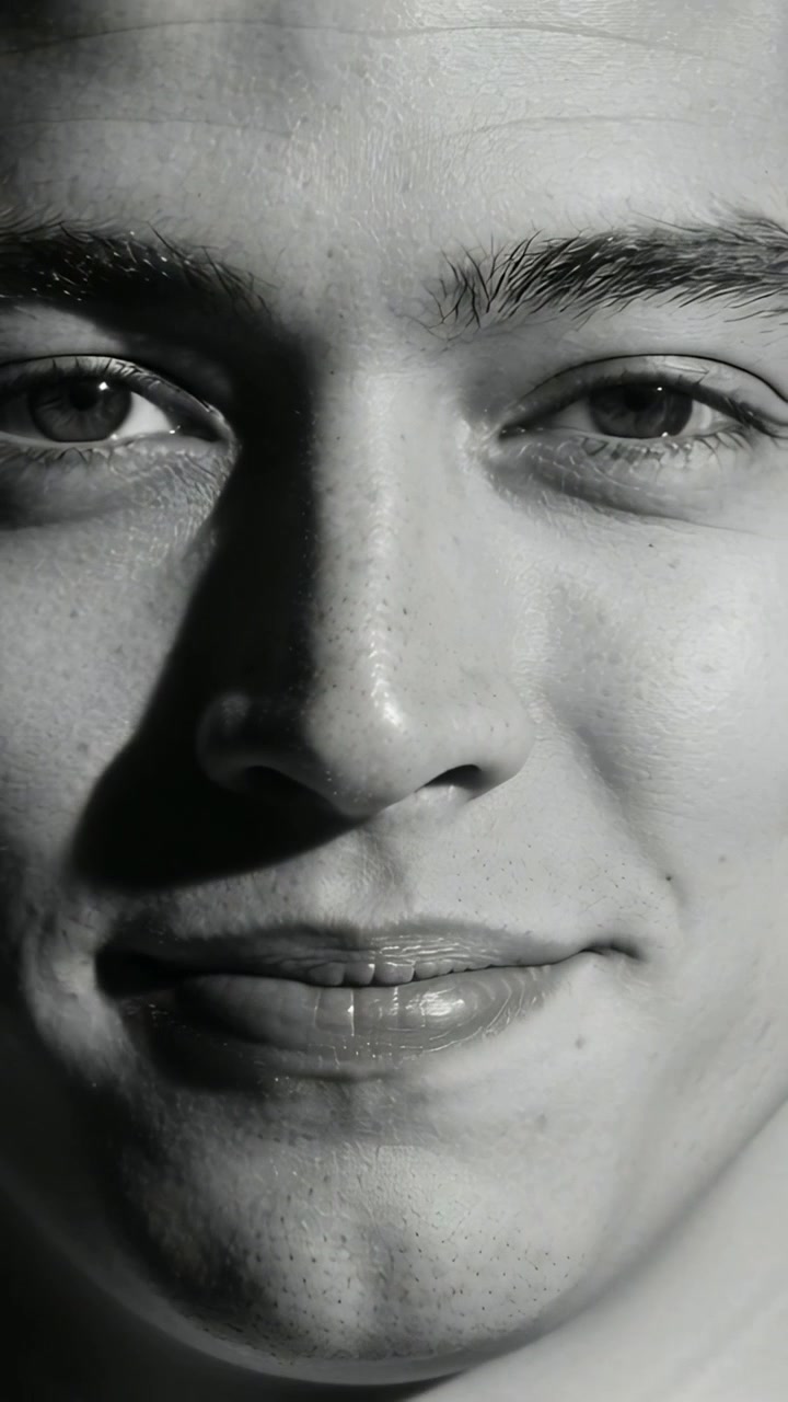 Video verticale: Allontanamento, uomo che mantiene lo sguardo, che forma parole e sorride in studio con luce principale.