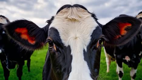 a group of cows standing on top of a lush green field