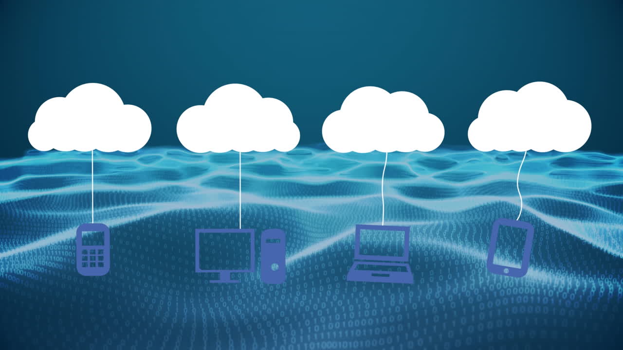 animación de iconos de nubes y ondas sobre fondo oscuro