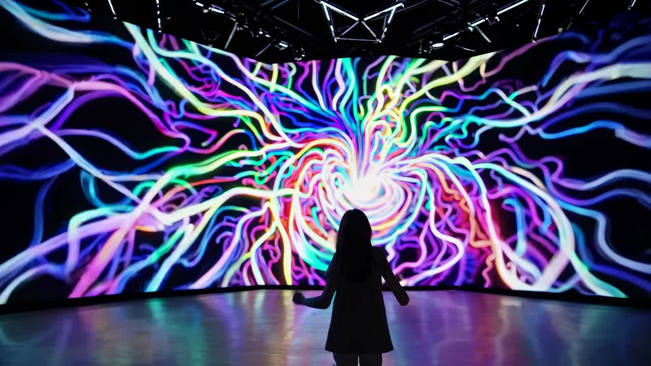 Child making heart shape in front of digital art display