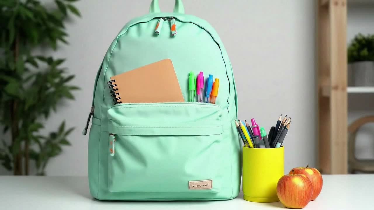 Mint Green School Backpack with Pens, Pencils, and Apples on a Study Desk