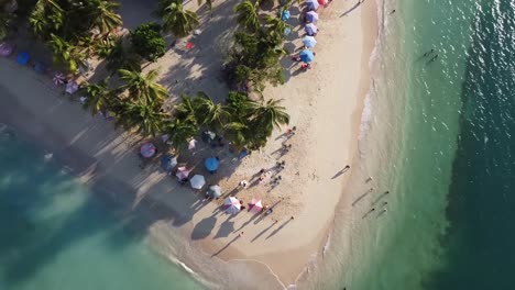 imagen de arriba hacia abajo de un dron ascendente de la costa de la playa venezolana en forma de u