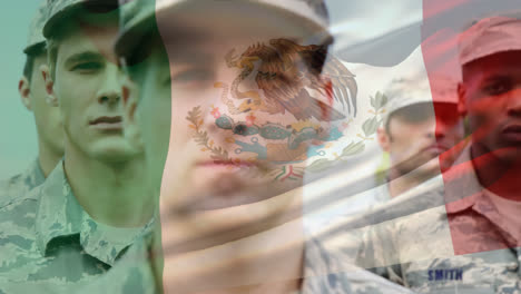 Animation-of-flag-of-mexico-waving-over-diverse-soldiers