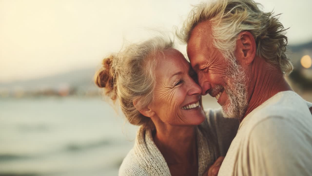 A Heartwarming Moment of Joy: An Affectionate Couple Embracing and Sharing Laughter by the Seaside, Capturing the Essence of Emotional Connection and Lasting Love