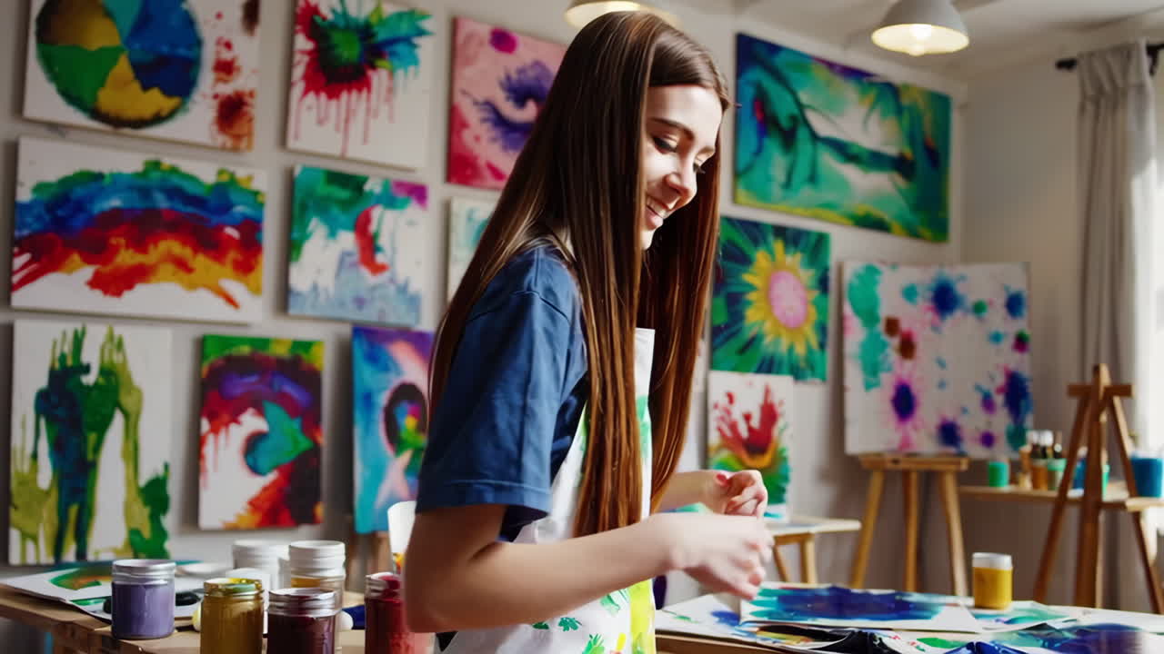 Young Woman Artist in Colorful Art Studio