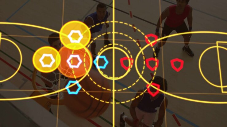 Players contesting rebound as ball dropping near rim, yellow overlay highlighting sports control