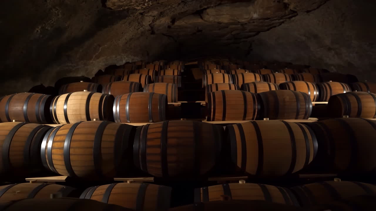 Wine Cellar Filled with Rows of Wooden Barrels