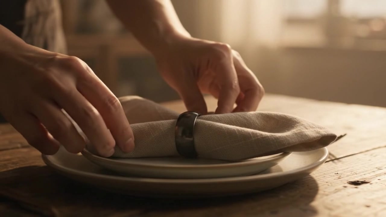 Person Folding a Linen Napkin with a Ring for Table Setting