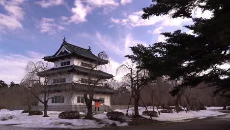 wide open view of famous hirosaki castle in northern japan during winter