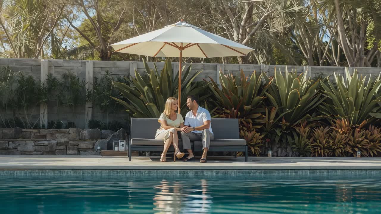 During chat man reaching woman's hand smiling bonding on pool bench under umbrella in light clothes