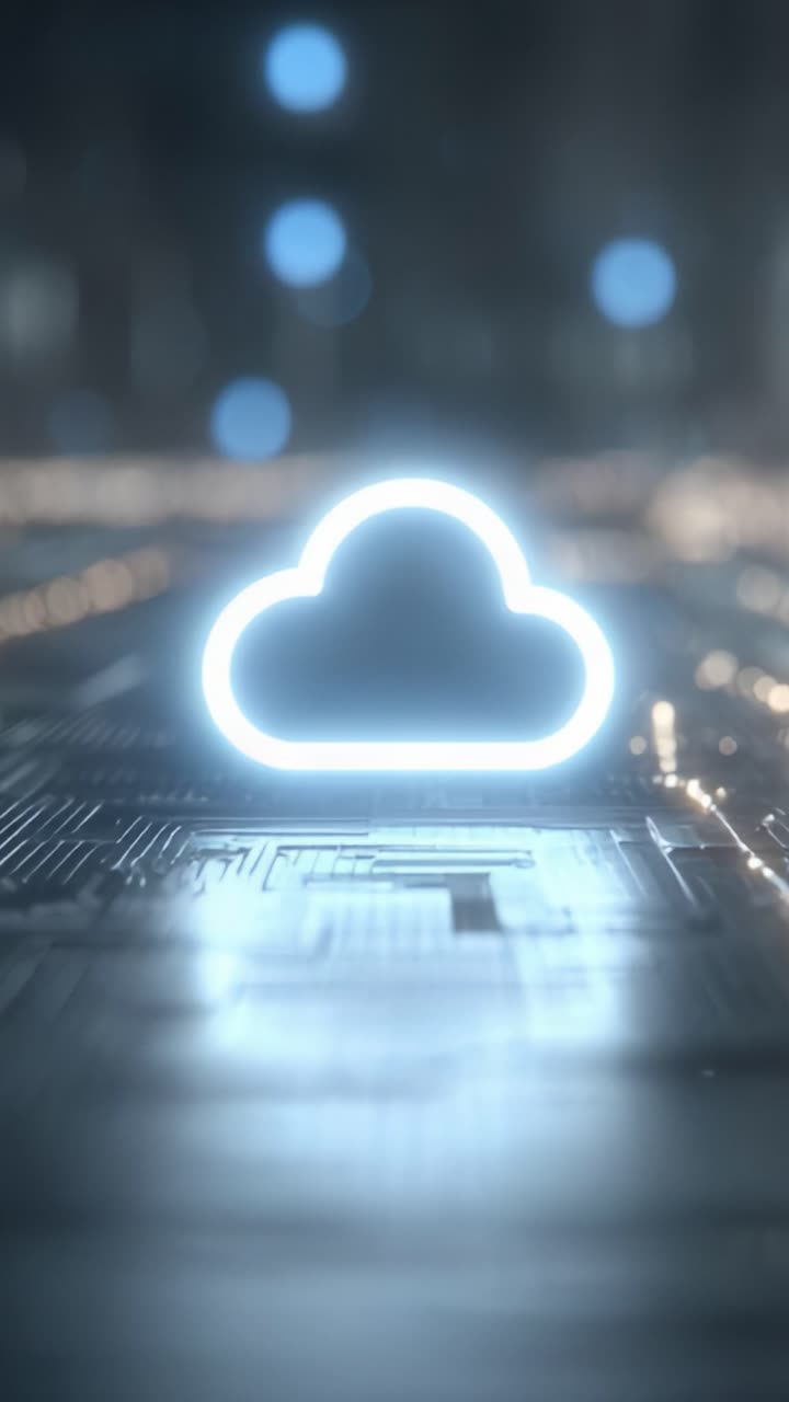Un moderno panorama digitale che mostra un'icona cloud luminosa su uno sfondo futuristico di circuiti, a simboleggiare l'archiviazione dei dati e la connettività nell'era del cloud