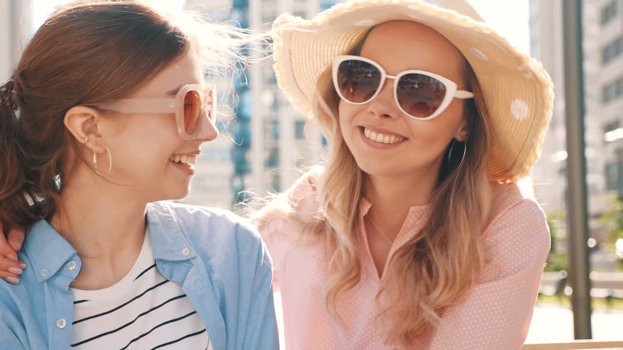 두 명의 젊은 여성 친구들이 도시에서 야외에 있습니다.