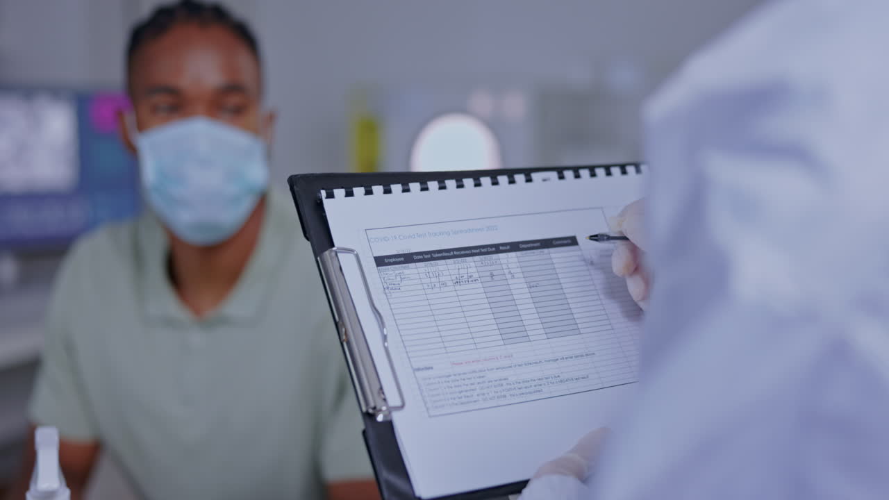 manos, médico y paciente con informe de covid