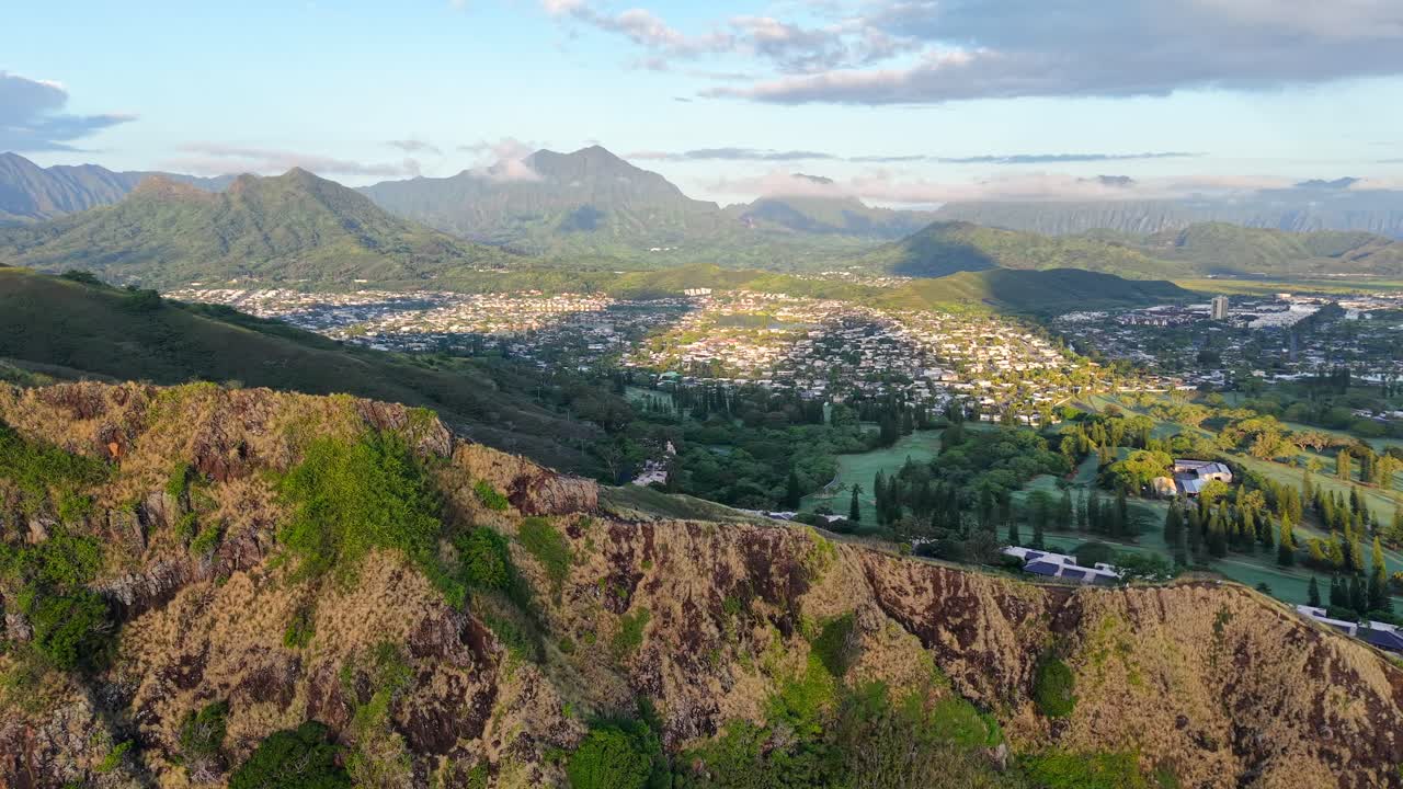 Scenic valley view of Kailua town from the Kaiwa Ridge Trail in Oahu, Hawaii