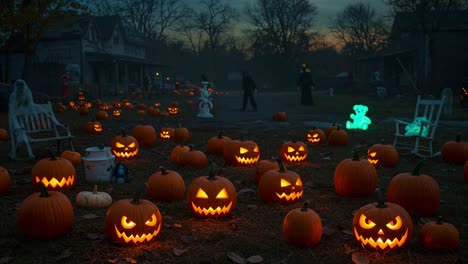 eerie halloween scene with glowing jack-o'-lanterns and spooky decorations set against a mystical twilight background revealing a chilling atmosphere
