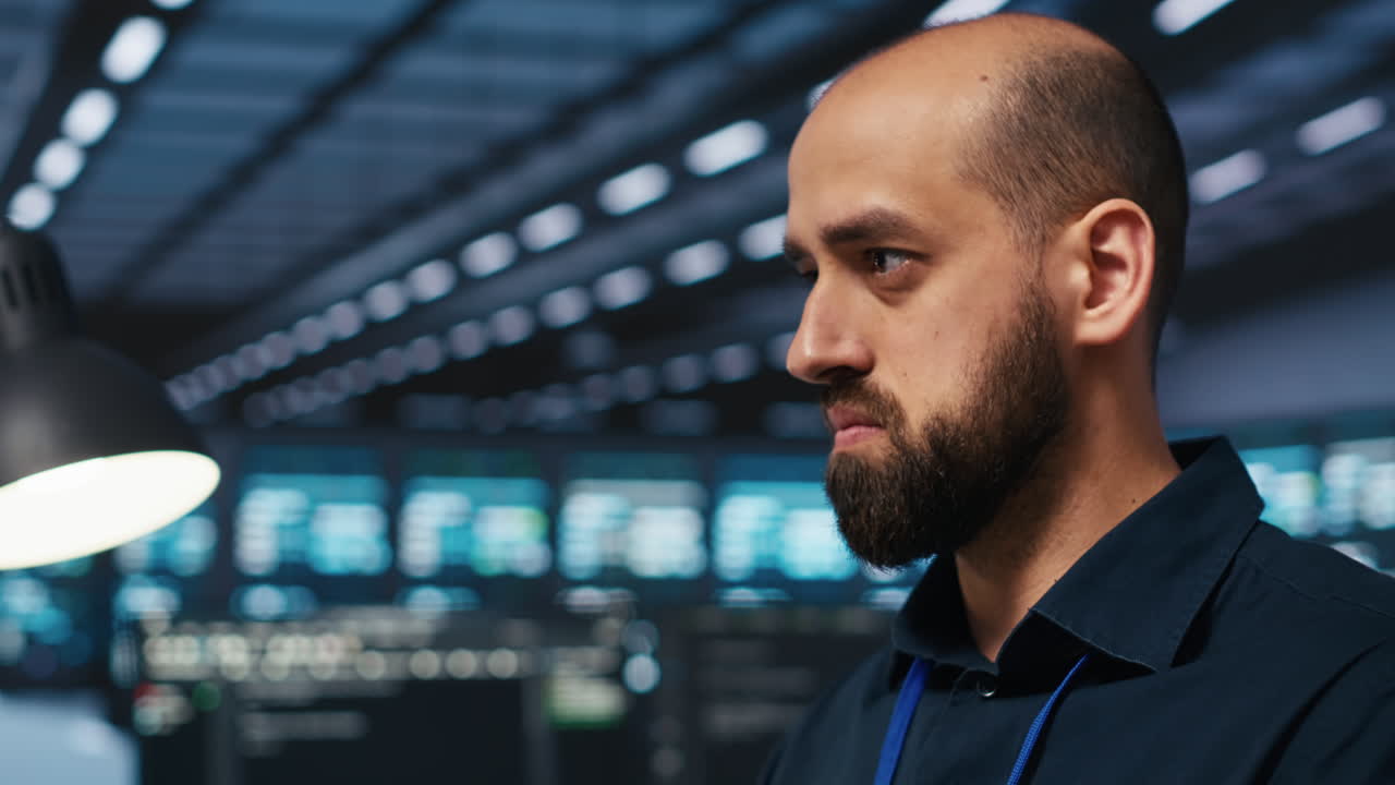 Close up on programmer in server farm safeguarding data