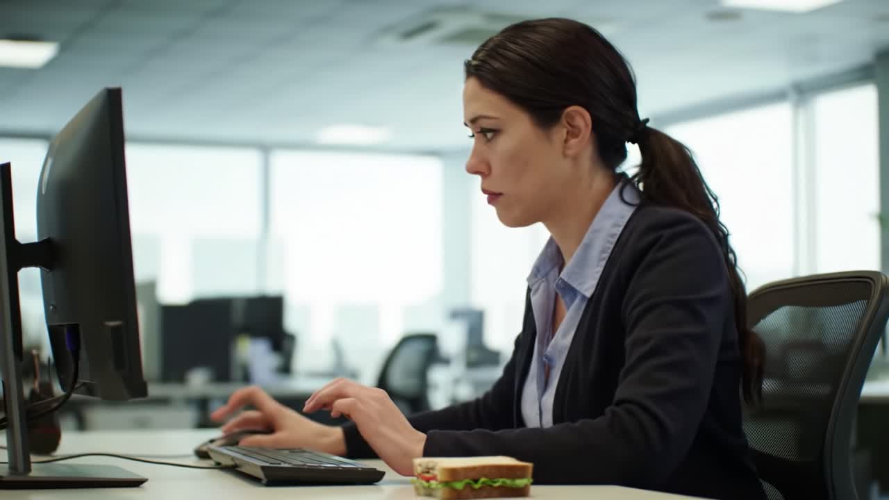 Focused Professional in an Office Environment Engaging with Computer and Savoring a Simple Meal, Illustrating Work-Life Balance in a Modern Corporate Setting