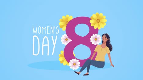 happy womens day lettering card with flowers in eight number and woman