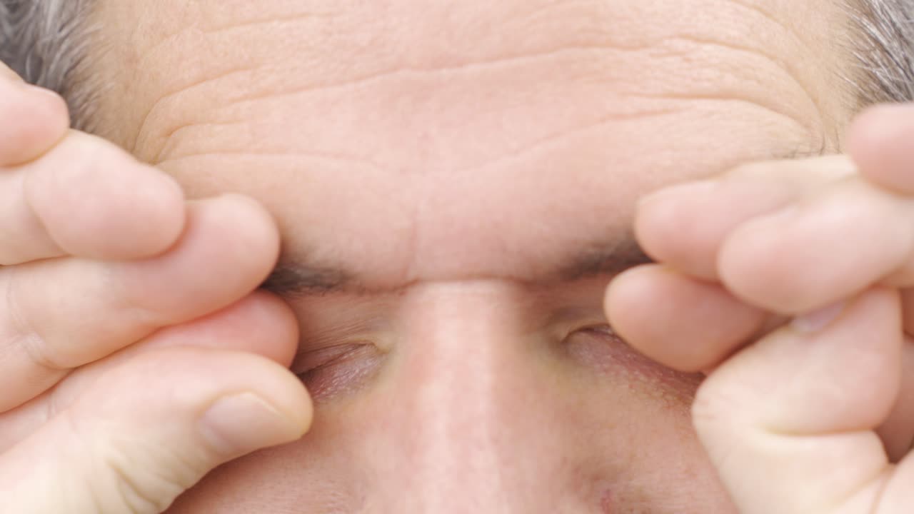 피곤한 눈을 가진 성숙한 남자가 눈을  ⁇ 고 있는 클로즈업.