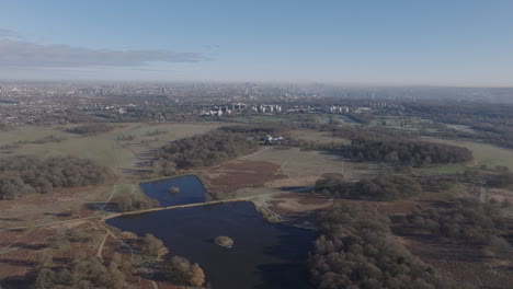 aerial shot over richmond park in the winter towards central london