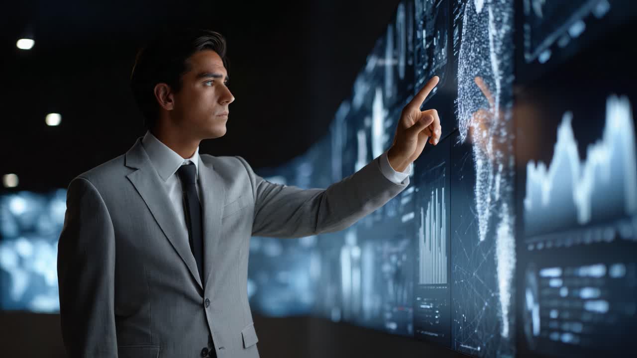 En professionel innovatør, der arbejder med avanceret datavisualiseringsteknologi og analyserer information gennem interaktive grafer og digitale grænseflader