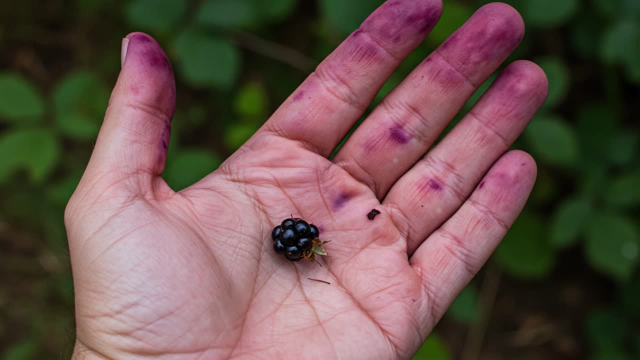 A Close-Up of a Hand Holding a Fresh Blackberry with Stains from Berry Picking, Showcasing Nature's Bounty and the Joy of Harvesting Wild Fruits