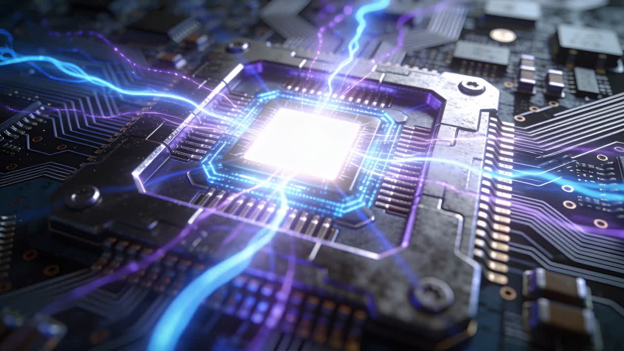 Pulsing square chip with metal frame after core glow, sending blue-purple arcs on PCB