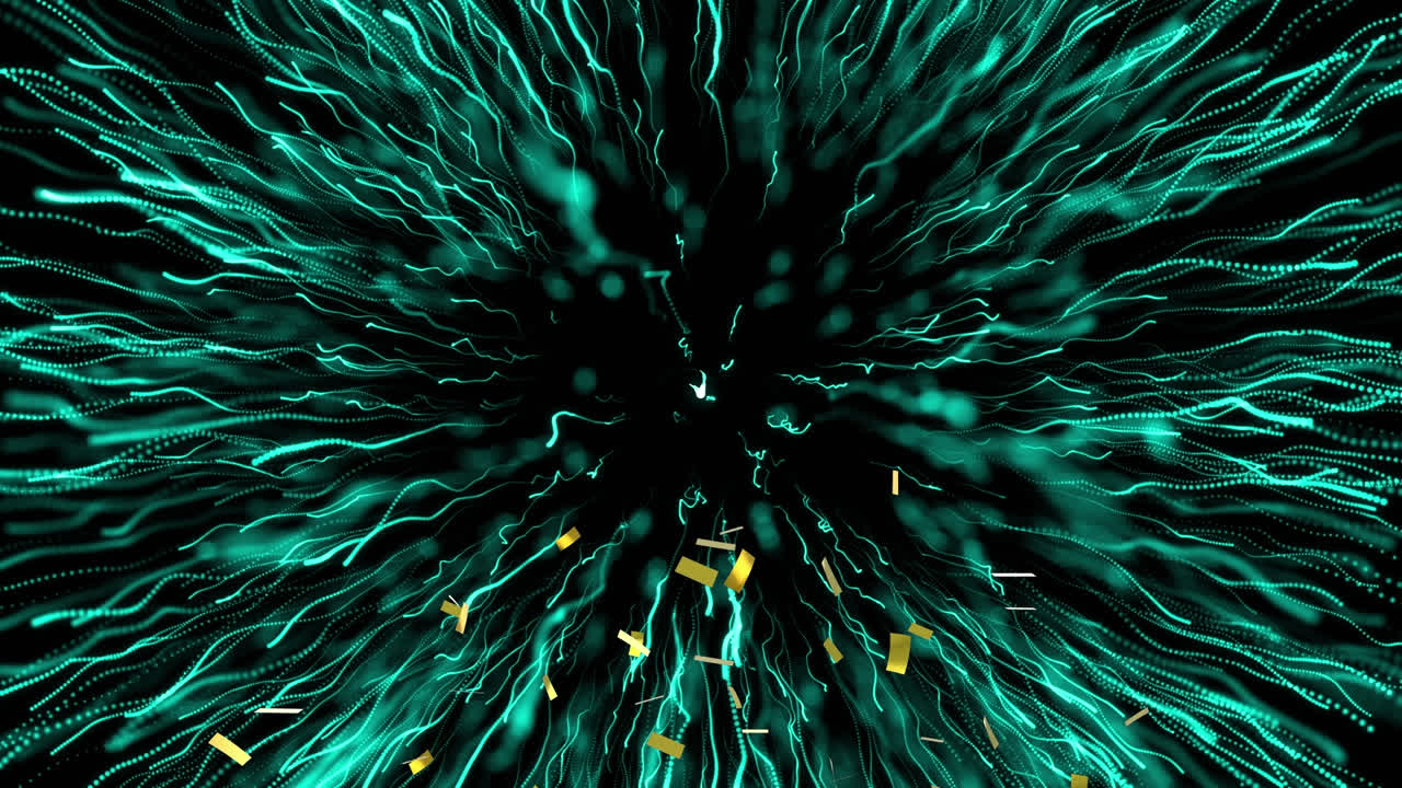 Animation of gold confetti falling and blue firework exploding on black background