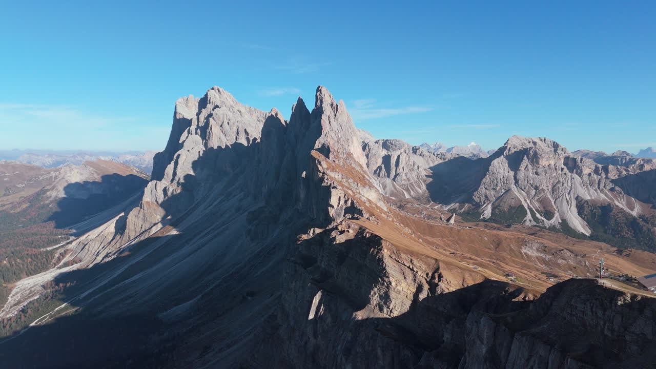 Aerial view of chairlift (Seggiovia Fermeda) on Seceda Ridgeline, Dolomites