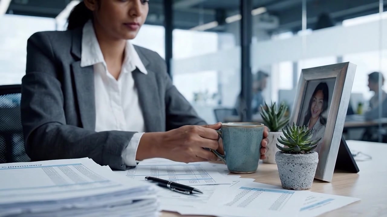 Professionista aziendale concentrato che esamina attentamente documenti a una moderna scrivania d'ufficio, circondato da piante e foto personali che migliorano la produttività e il comfort.